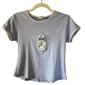 VTG Etam Bunny Patch Lavender Baby Doll Tee Shirt 100%Cotton-S/M Easter *flawed*